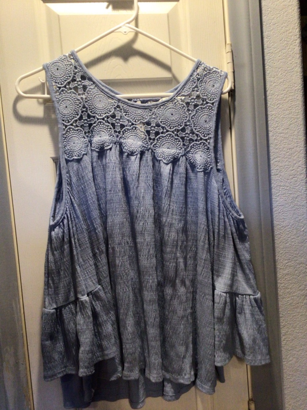 Lace Yoke Sleeveless Peasant Top - Light Blue